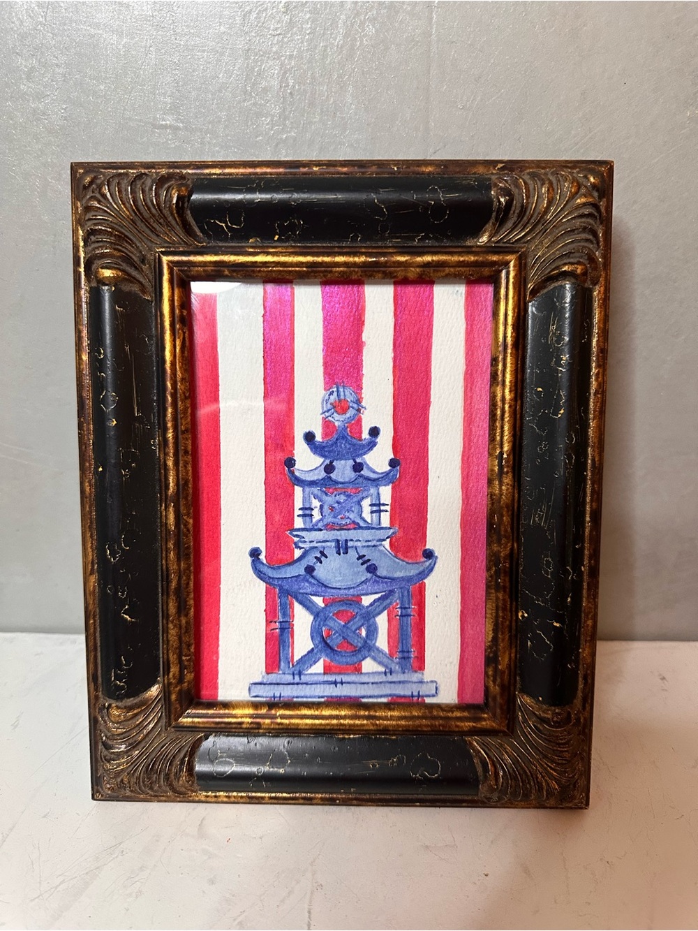 FRAMED Original watercolor Painting CHINOISERIE PAGODA PREPPY ART P5 - Picture 3 of 7